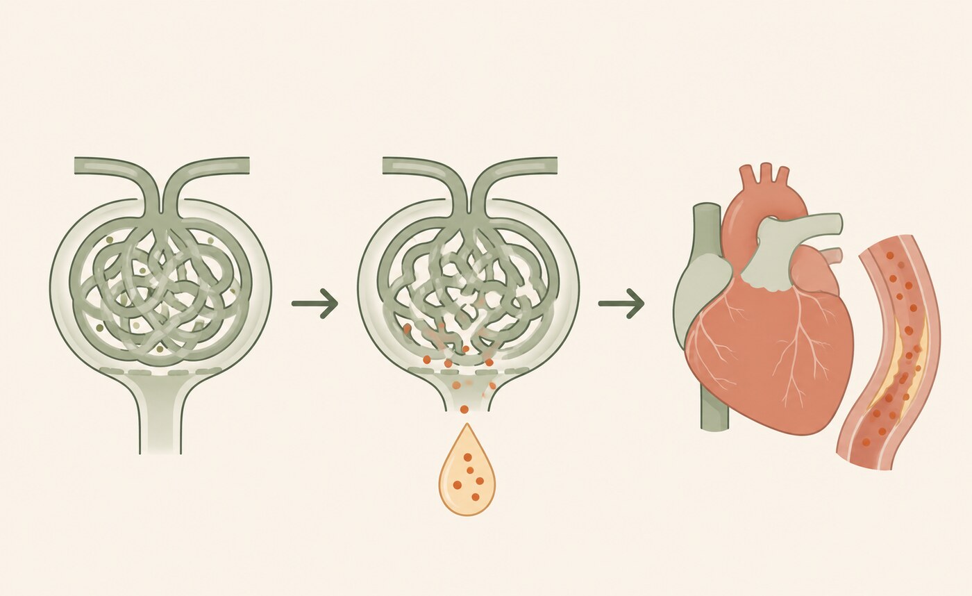 Kidney filter leaking albumin, connected to the heart — the same vascular damage in both.