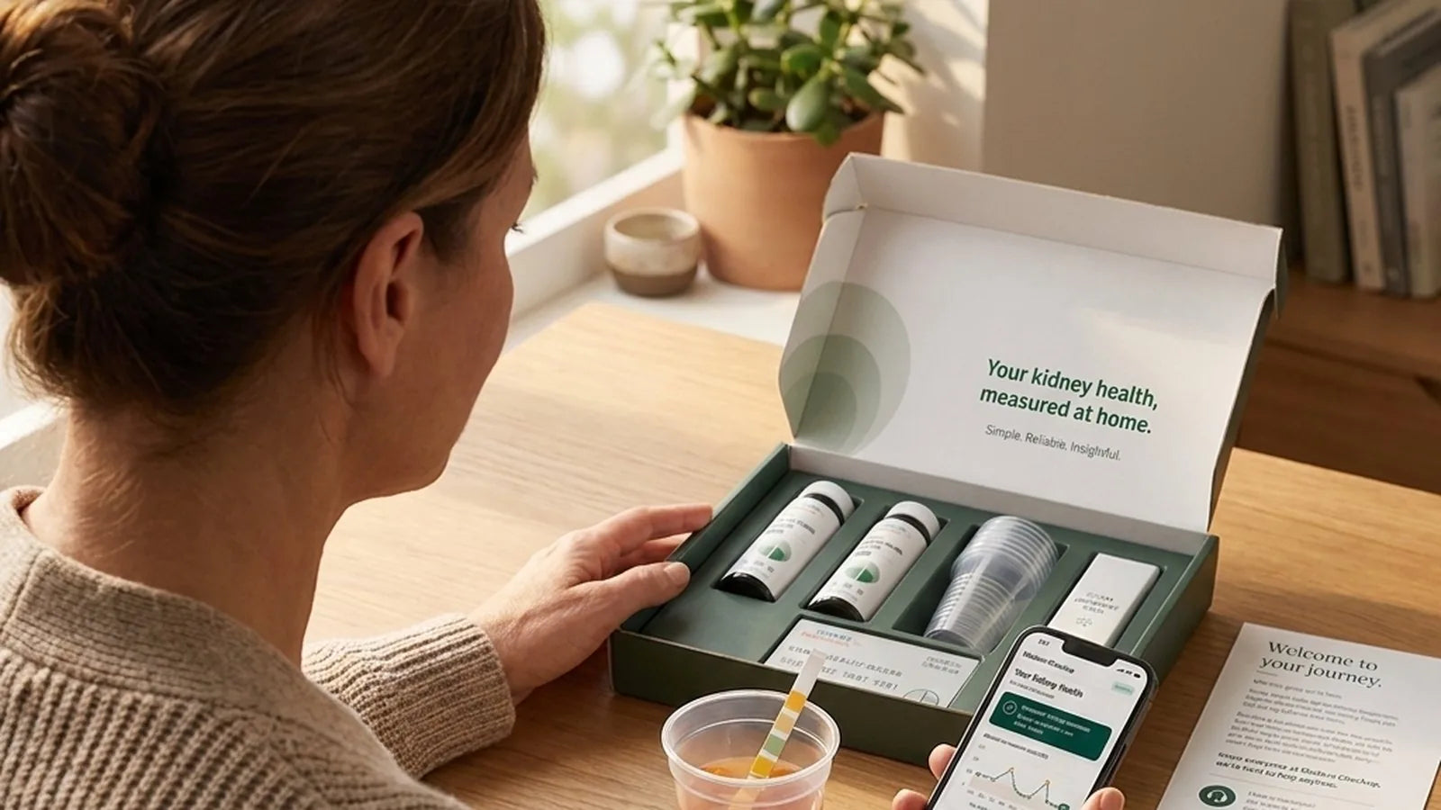 A woman testing her kidney health at home with the Modern Checkup kit