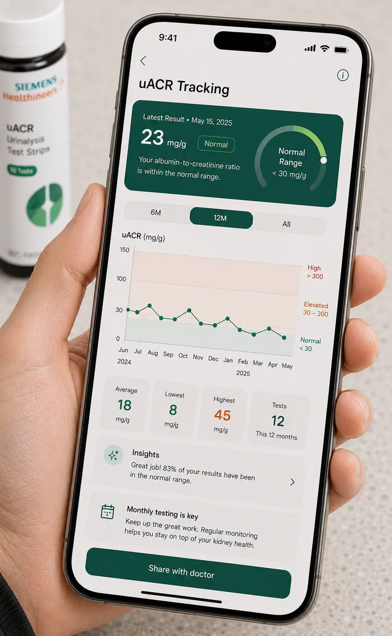 Modern Checkup app screen showing a completed uACR result over time.
