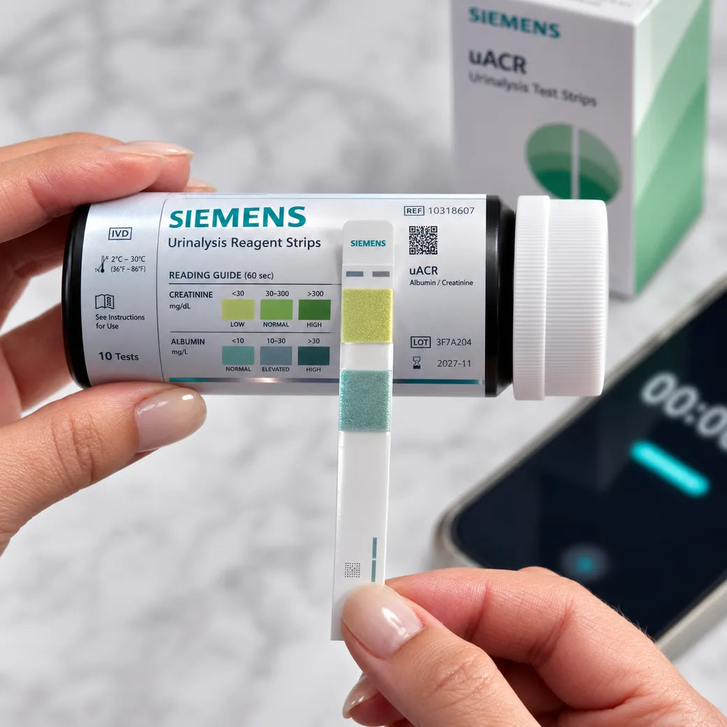 A Modern Checkup test strip held between finger and thumb, both pads visible.