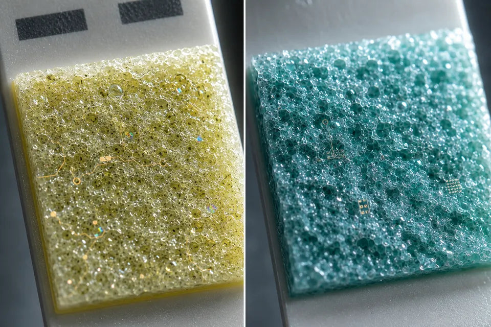 Extreme macro of the two reagent test pads on the strip.